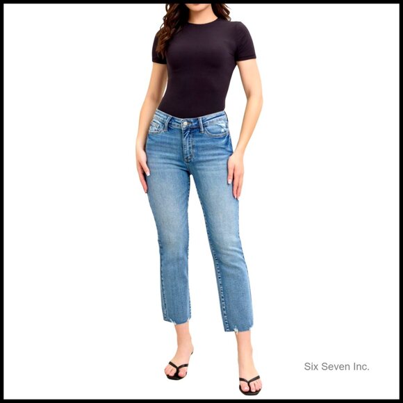 Mid Rise Kick Flare Jeans Vintage Wash Distressed Hem Stretch Denim Y2K